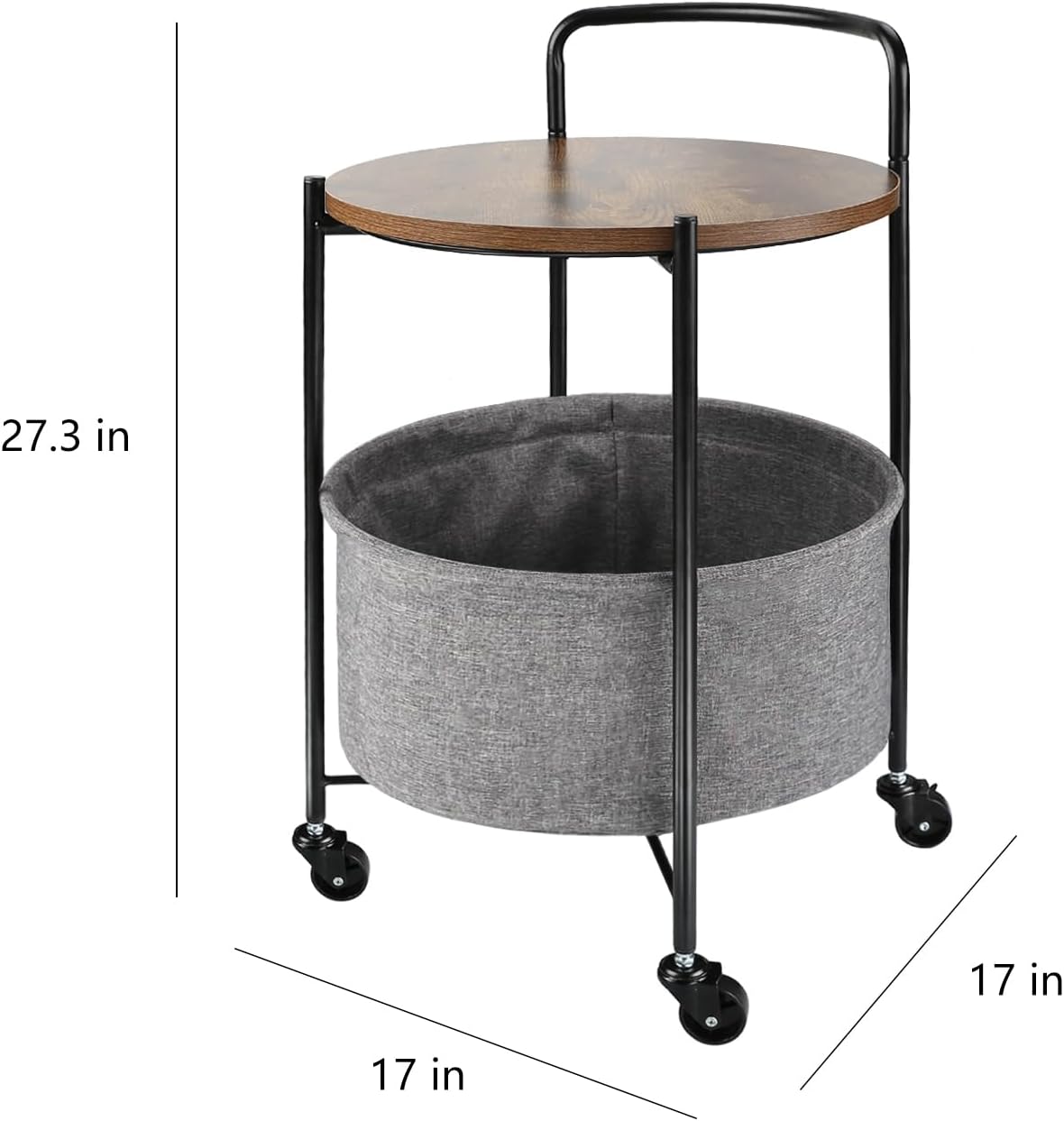 Rolling Round Metal Side Table,2-Tier Storage Side Table with Wheels,End Coffee Table with Steel Frame and Fabric Storage Basket,Cart Side Table Tray for Living Room,Bedroom,Wood Black