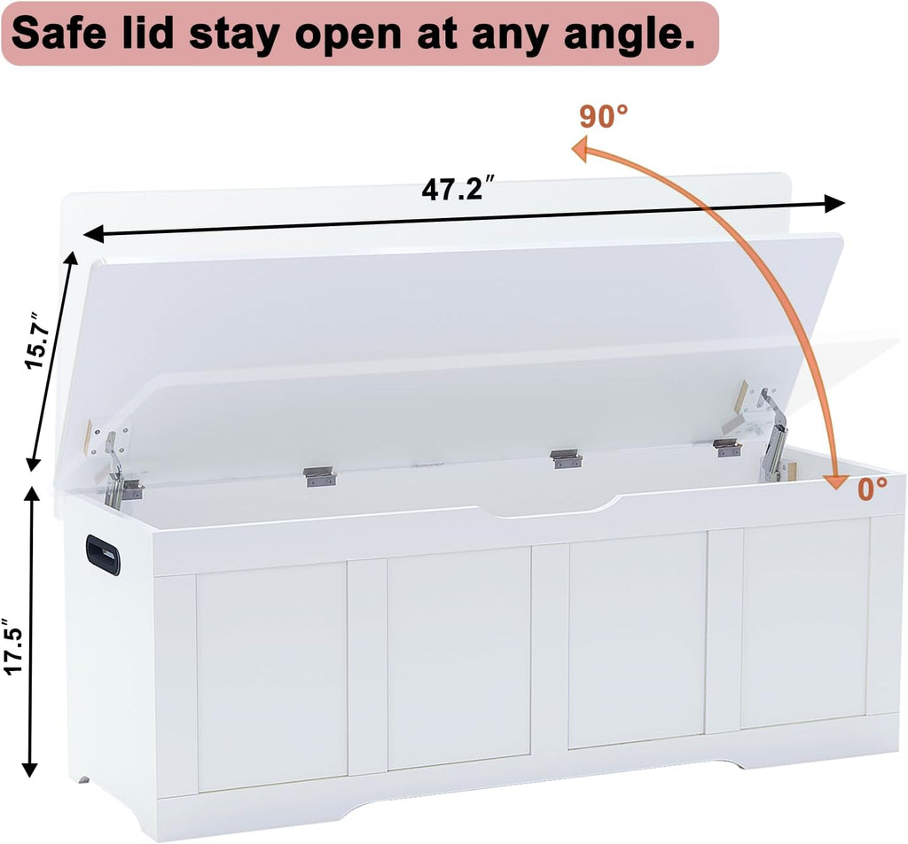 Timberer 47.2" Storage Chest, Extra Large Storage Trunk with 2 Safety Hinges, Wooden Storage Bench, Shoe Bench, Entryway Bench for Living Room, Bedroom, White