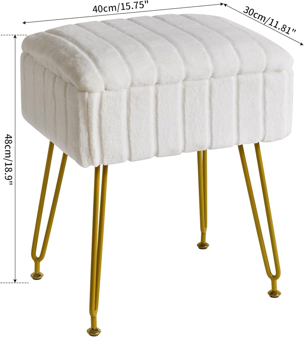 IBUYKE Vanity Chair with Storage, Faux Fur Footrest Ottoman, White LG-50W | Small Side Table Vanity Stool Makeup Room Bedroom Anti-Slip Feet