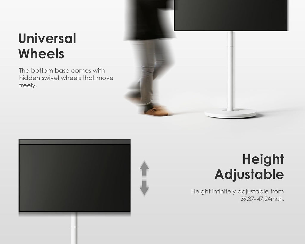 FITUEYES Small Rolling TV Cart for 24-48 Inch TVs, Height Adjustable, White | Minimalist Modern TV Floor Stand on Wheels, Fits Max VESA 200x200mm, Portable Smart Television Cart for Study, Master Series
