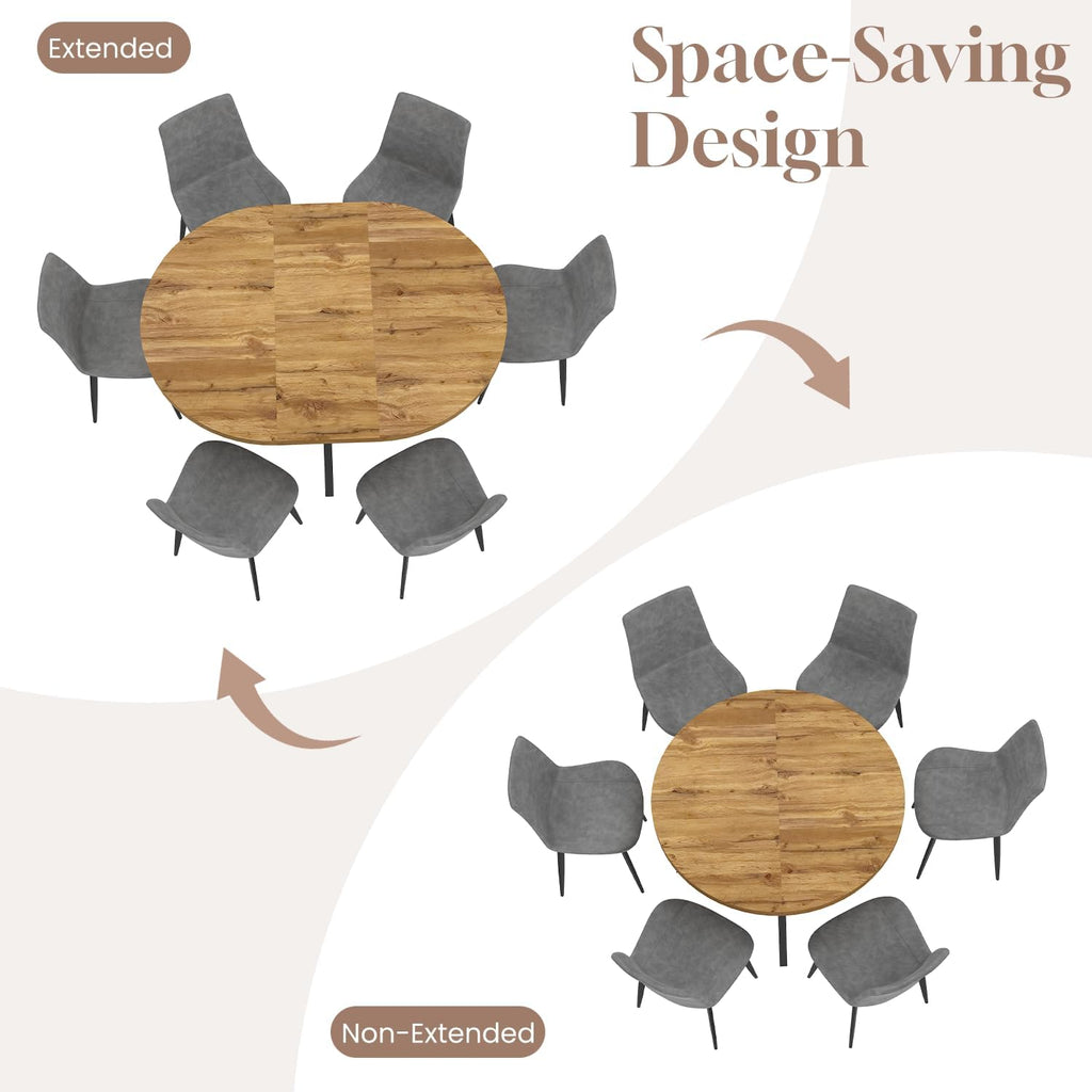 7-Piece Extendable Round Dining Table with Chairs Set for 6, 43"-59" Kitchen Dining Table Set with Heavy Duty Leg for Dining Living Room Apartment(Oak Table + 6 Gray Chairs)
