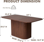 63" Large Dining Table for 4 6, [Rounded Corners] [Grooved Pedestal Base] Modern Rectangle Kitchen Dinner Dining Living Room Table