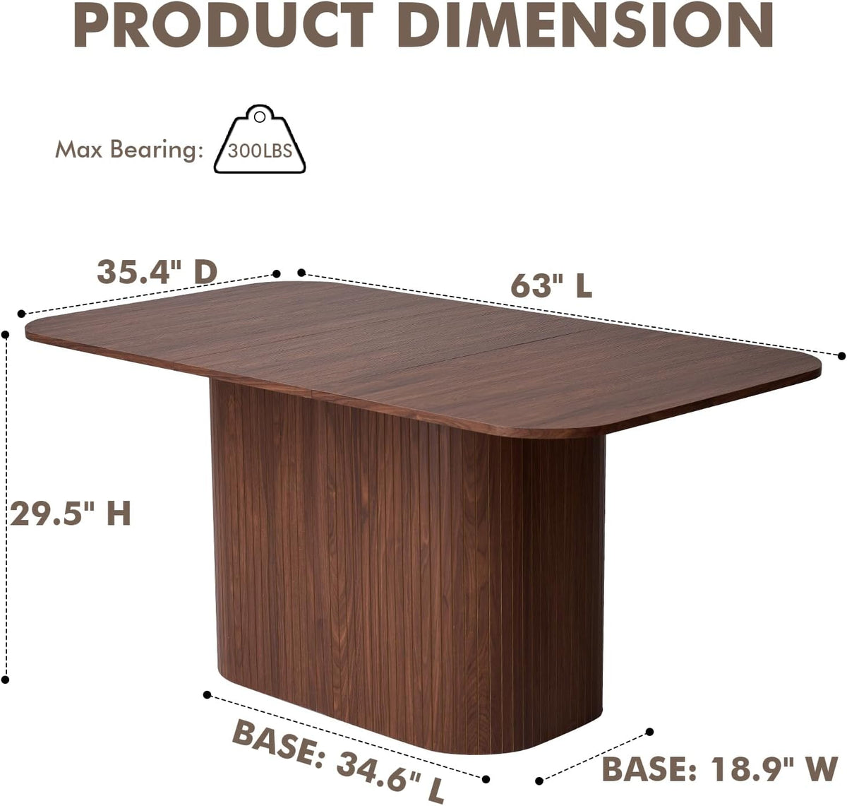 63" Large Dining Table for 4 6, [Rounded Corners] [Grooved Pedestal Base] Modern Rectangle Kitchen Dinner Dining Living Room Table