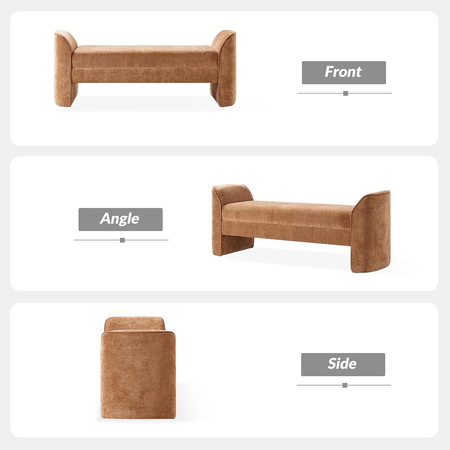 HULALA HOME 57" Modern Chenille Bench with Thick Padded Seat, Upholstered End of Bed Bench for Bedroom, Entryway & Living Room Seating, Caramel