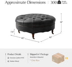 HULALA HOME 40" Genuine Leather Coffee Table, Large Round Button Tufted Coffee Table with Rolling Wheels, Solid Wood Legs, Nailhead Trim, Upholstered Ottoman Seating for Living Room, Black