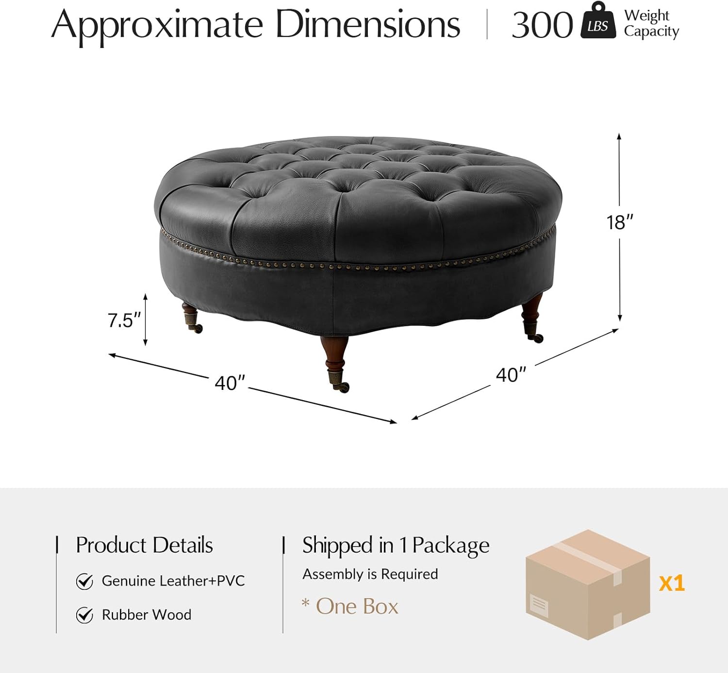 HULALA HOME 40" Genuine Leather Coffee Table, Large Round Button Tufted Coffee Table with Rolling Wheels, Solid Wood Legs, Nailhead Trim, Upholstered Ottoman Seating for Living Room, Black