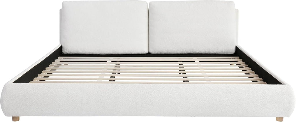 Merax King Boucle Platform Bed with 2 Removable Headboard Pillows, White