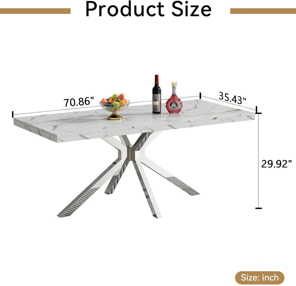 70 inch Faux Marble Dining Table for 4-6, Modern Kitchen Table with White Faux Marble Tabletop, Silver Stainless Steel X Base, Rectangular Dining Room Table for Dinner, Party, Meeting, Celebration