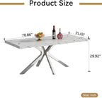 70 inch Faux Marble Dining Table for 4-6, Modern Kitchen Table with White Faux Marble Tabletop, Silver Stainless Steel X Base, Rectangular Dining Room Table for Dinner, Party, Meeting, Celebration