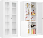 Locking Display Cabinet with Glass Door, 71”H Metal Curio Cabinets with Adjustable Shelves, White Liquor Caninet Display Case for Living Room, Collectibles, Clinic, Home - Assembly Required