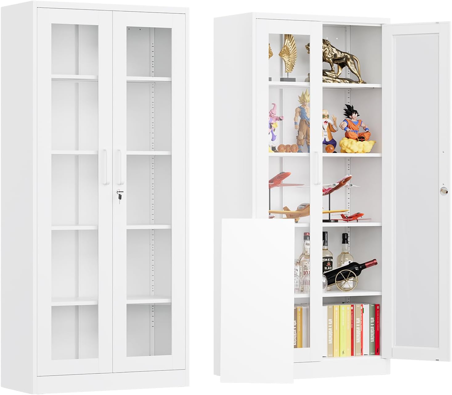 Locking Display Cabinet with Glass Door, 71”H Metal Curio Cabinets with Adjustable Shelves, White Liquor Caninet Display Case for Living Room, Collectibles, Clinic, Home - Assembly Required