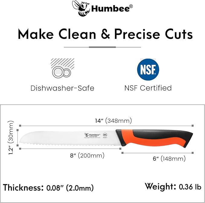 8-Inch Serrated Bread Knife, Premium High Carbon Stainless Steel Blade Knife for Bread with Ergonomic Handle, NSF Certified, DT-30 Series, Orange