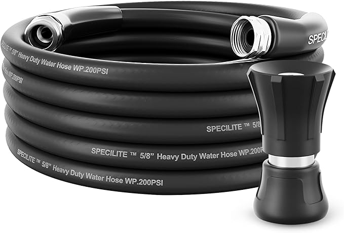 SPECILITE 5/8" Garden Hose 25 ft with High Flow Nozzle, Heavy Duty Flexible Hybrid Rubber Water Hose for Outdoor, Lightweight, Leak-Proof, No-Kink, 3/4"Stainless Steel Fittings,Black
