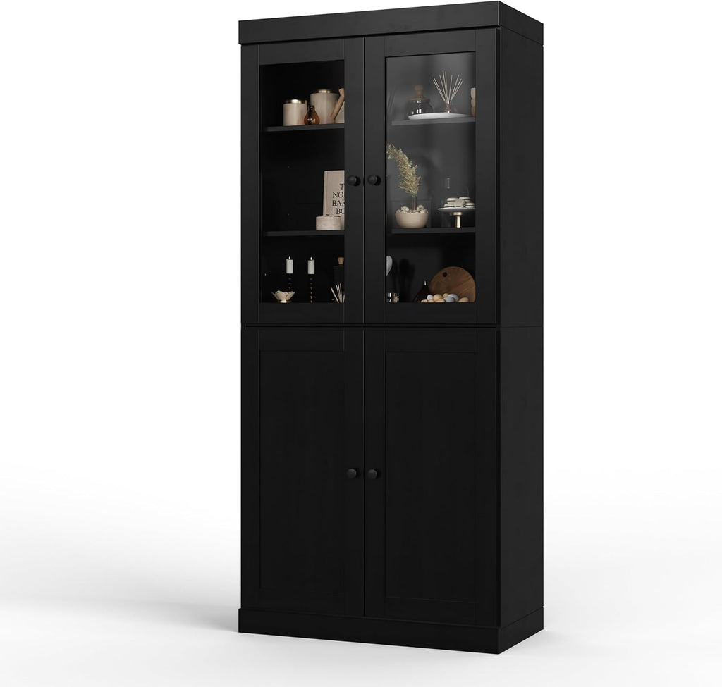 Palace Imports Solid Wood Tall Pantry Cabinet – 71.5" H x 32" W – Black Wooden Storage Cabinet for Kitchen with Clear Glass/Shaker Doors, 2 Drawers & 4 Adjustable Shelves, 100% Eco-Friendly Wood