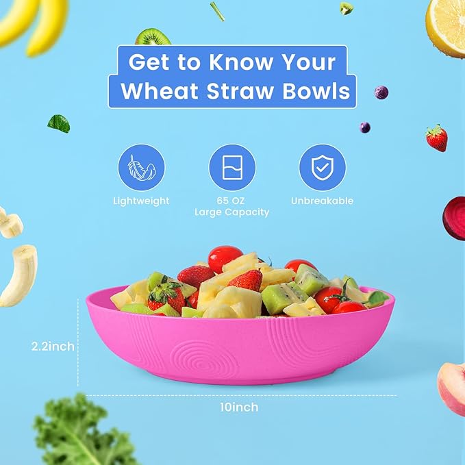 Homienly Wheat Straw Large Salad Bowls, 60 OZ Large Serving Bowls for Kitchen, Camping, Party, Microwave and Dishwasher Safe, Unbreakable Lightweight Big Bowls for Fruit, Salad (Pink)