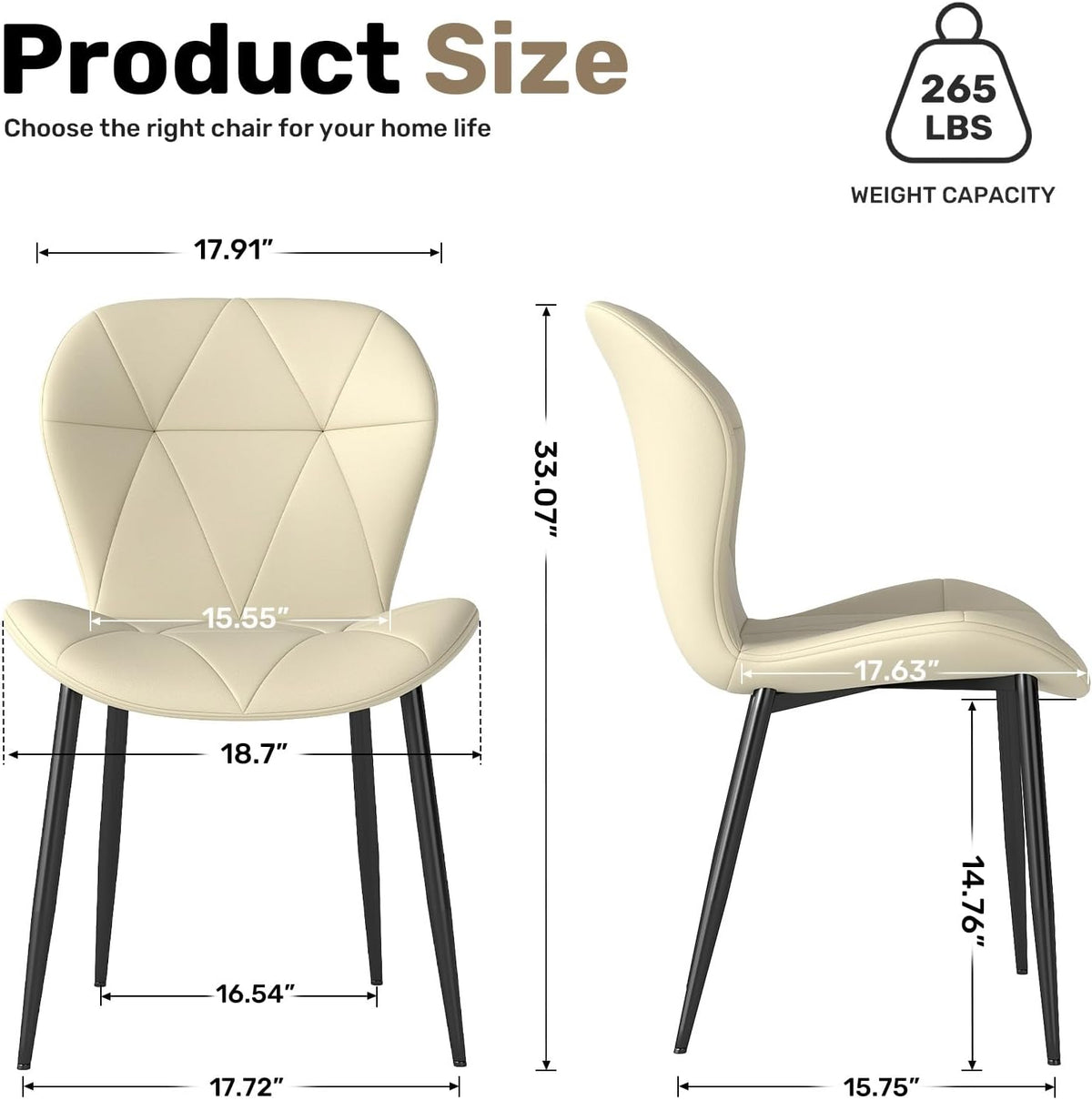 Dining Chairs, Modern Dining Room Chair Diamond Leather with Wooden and Metal Frame, Set of 2 (Khaki)