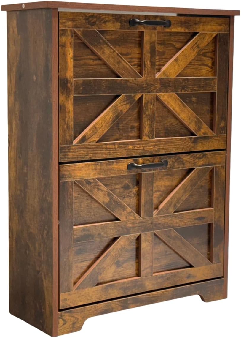 Shoe Cabinet with 2 Flip Drawers Set of 2, Farmhouse Shoe Storage for Entryway, Wooden Shoe Organizer Cabinet with Adjustable Shelves, Hidden Slim Shoe Cabinet for Hallway, Living Room, Brown