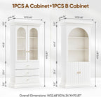 71" Arched Kitchen Modern Pantry Storage Cabinet, Tall Display Cabinet for Living Room and Dining Room with 1 Glass Door and 1 Open Shelf Cabinet with Drawers, White with Gold Handles, 2 of Set