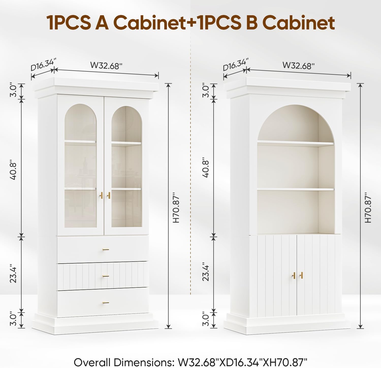 71" Arched Kitchen Modern Pantry Storage Cabinet, Tall Display Cabinet for Dining Room and Living Room with 1 Glass Door and 1 Open Shelf Cabinet with Drawers, White with Gold Handles, 2 of Set
