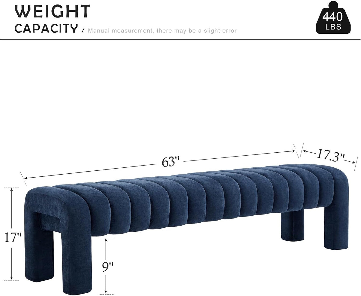 63" Bedroom Bench, Upholstered Entryway Bench, Modern End of Bed Ottoman with Solid Wood Legs and Adjustable Foot Pegs for Entryway, Dining Room and Living Room (Blue Chenille)