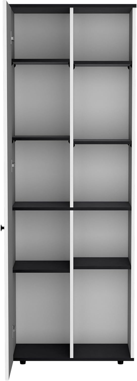 67" H Kitchen Storage Cabinet with One Door, Five Interior Shelves and Five Exterior Shelves,White/Black