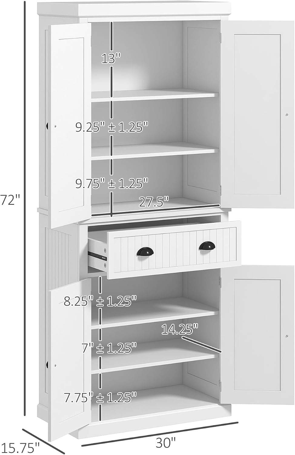 HOMCOM 72" Kitchen Pantry Cabinet Freestanding Tall Storage Cabinet White | Traditional Kitchen Pantry, 4 Doors, Drawer, 3 Adjustable Shelves, for Dining Room