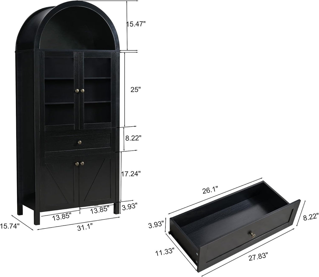 71" Tall Arched Pantry Cabinet, Modern Kitchens Storage Cabinet with Doors, Drawers and Shelves, Freestanding Cupboard for Dining Room Living Room (Black)