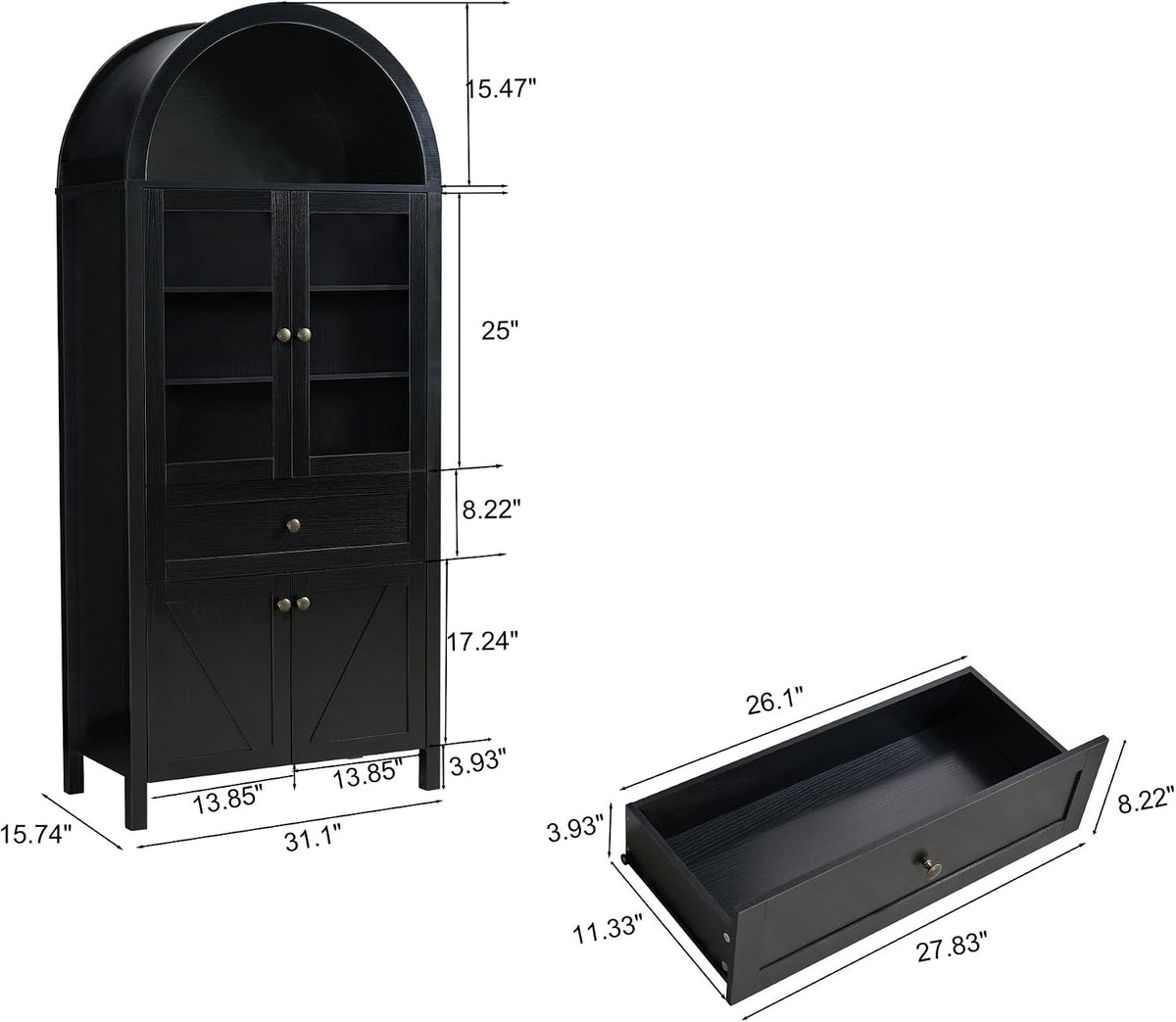 71" Tall Arched Pantry Cabinet, Modern Kitchens Storage Cabinet with Doors, Drawers and Shelves, Freestanding Cupboard for Dining Room Living Room (Black)