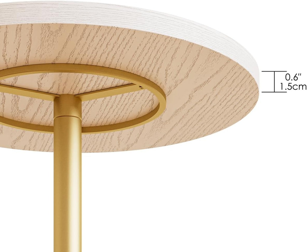 Masupu Drink Table, Round Side Table for Small Spaces, Pedestal Side Table, Small End Table with Metal Base, for Living Room, Bedroom, Bathroom, White Gold