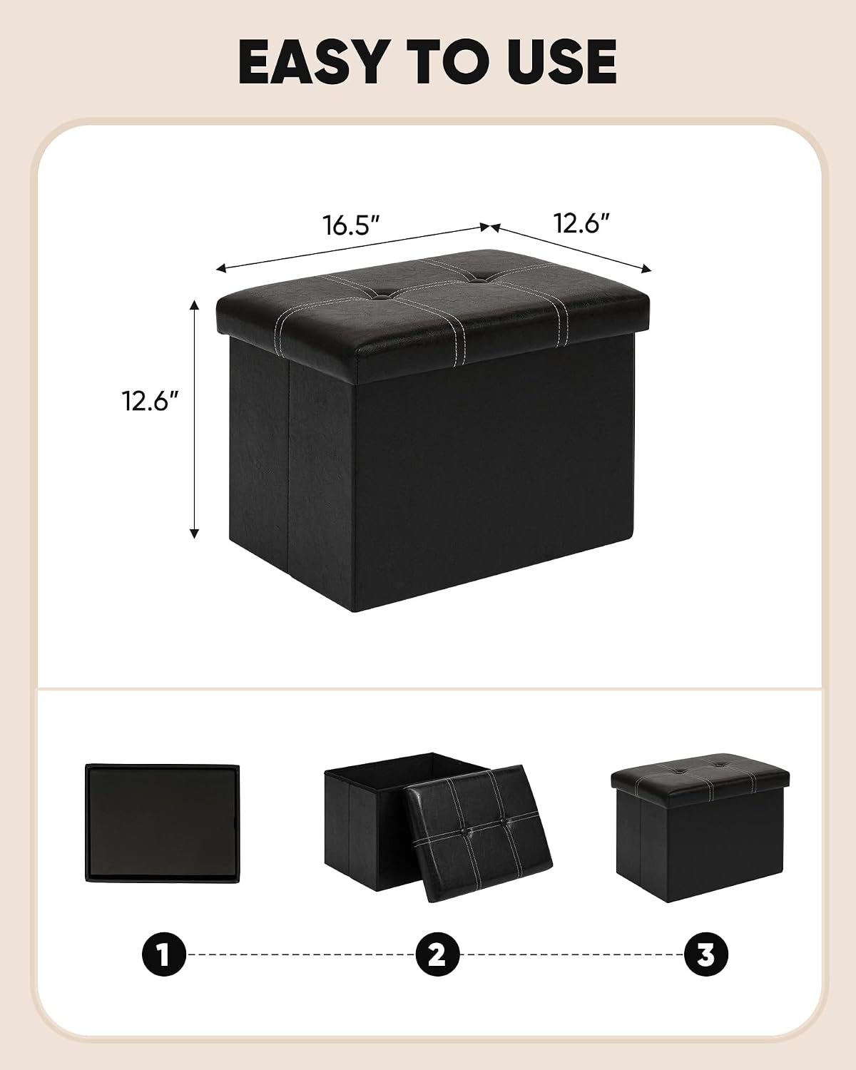 B FSOBEIIALEO Folding Storage Ottoman, 16.5" Faux Leather Ottomans, Black | Small Ottoman Foot Rest with Padded Seat, Rectangle Coffee Table Chest Bench, for Dorm Living Room