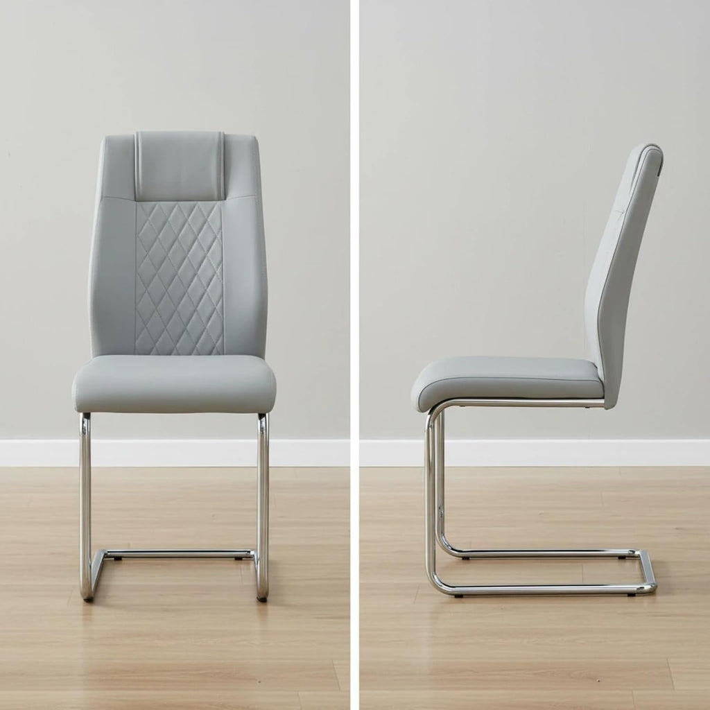 Leather Dining Chairs Set of 8, Modern Upholstered Living Room Chairs with Sliver Metal Legs, Cesca Chair with Armless, Suitable for Kitchen, Bedroom, Living & Dining Room, Light Gray