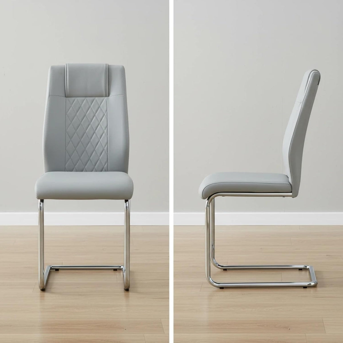 Leather Dining Chairs Set of 8, Modern Upholstered Living Room Chairs with Sliver Metal Legs, Cesca Chair with Armless, Suitable for Kitchen, Bedroom, Living & Dining Room, Light Gray