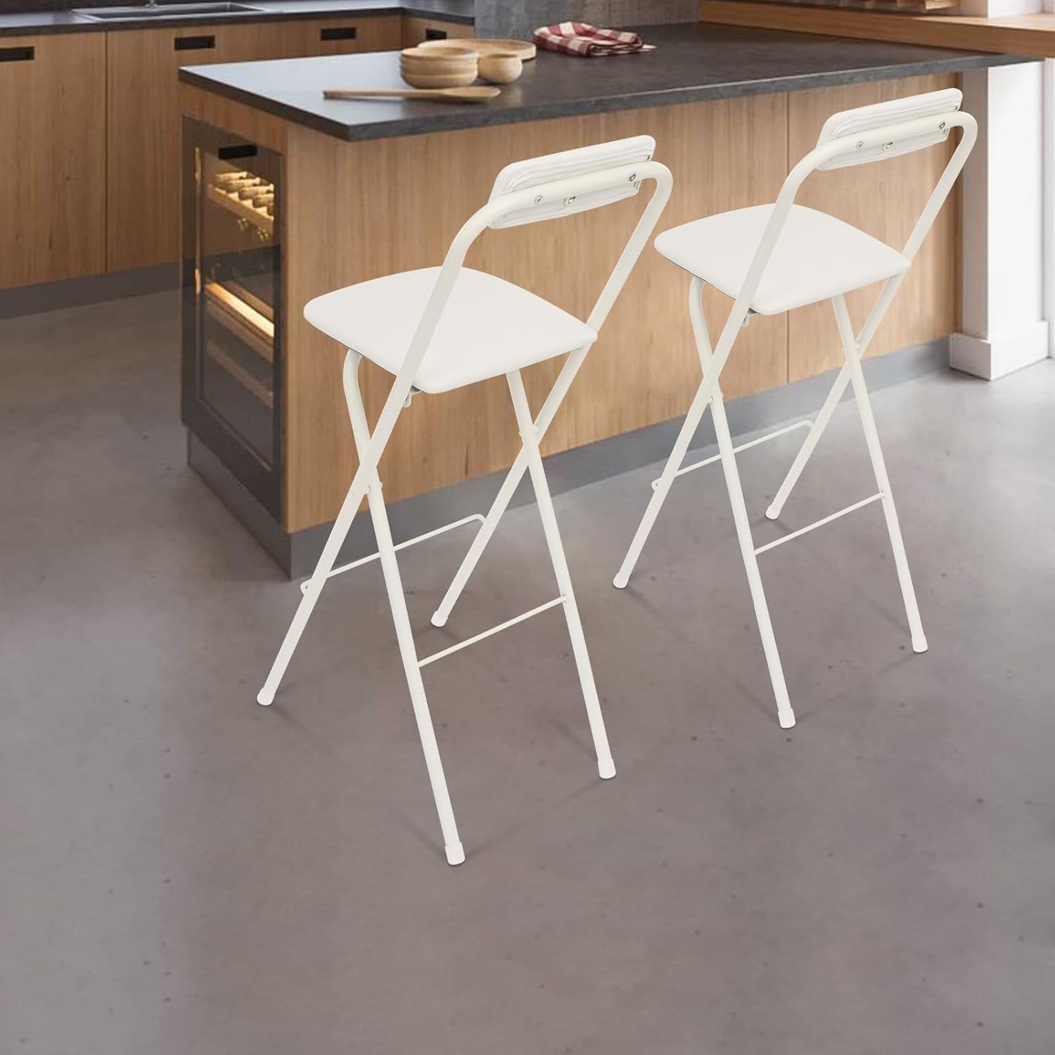 2PCS 29.53'' H Folding Bar Stool with Backrest, White Tall Folding Chair, 275LBS Load Capacity, Portable Collapsible Stool Kitchen Island, Bar, Cafe, Dining Room