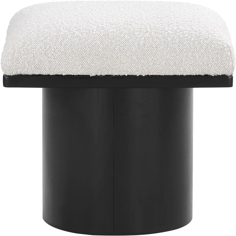 MAKLAINE Cream Boucle Fabric Bench/Stool, 15.5" W x 18" D x 17.5" H, Oak Veneer with Black Finish, 4" Thick Channel-Tufted Seat Cushion, Art Deco Design, Modular Living Room or Entryway Seating
