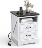 Eondon 18" Farmhouse Nightstand with Charging Station, 2 Drawers Bedside Table with Open Shelf, End Table with Storage Wood Rustic Bedside Cabinet Side Table for Living Room and Bedroom, White