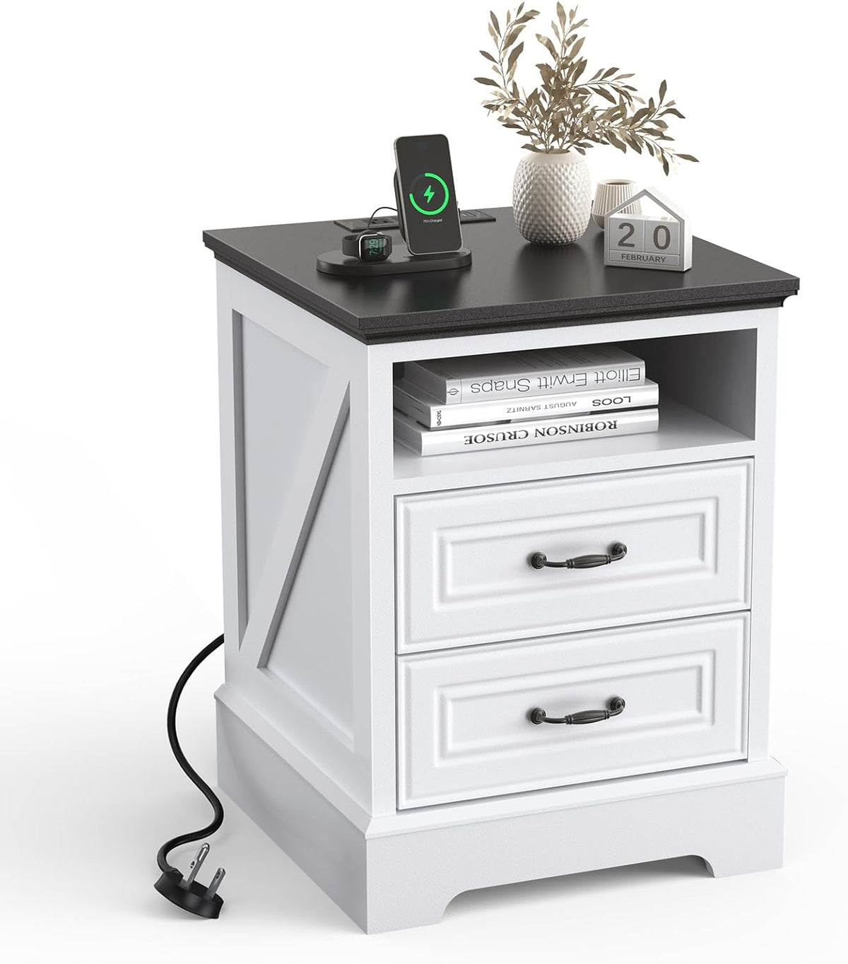 Eondon 18" Farmhouse Nightstand with Charging Station, 2 Drawers Bedside Table with Open Shelf, End Table with Storage Wood Rustic Bedside Cabinet Side Table for Living Room and Bedroom, White