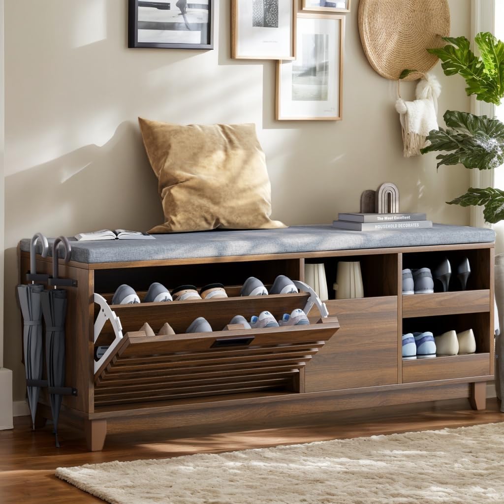 Gyfimoie 2-Tier Shoe Storage Bench,47" Entryway Bench with 2 Flip Drawers & Padded Seat Cushion, Walnut Shoe Bench with Adjustable Shelves & Sliding Doors,Storage Bench for Entryway,Hallway,Bedroom