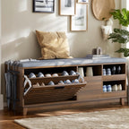 Gyfimoie 2-Tier Shoe Storage Bench,47" Entryway Bench with 2 Flip Drawers & Padded Seat Cushion, Walnut Shoe Bench with Adjustable Shelves & Sliding Doors,Storage Bench for Entryway,Hallway,Bedroom