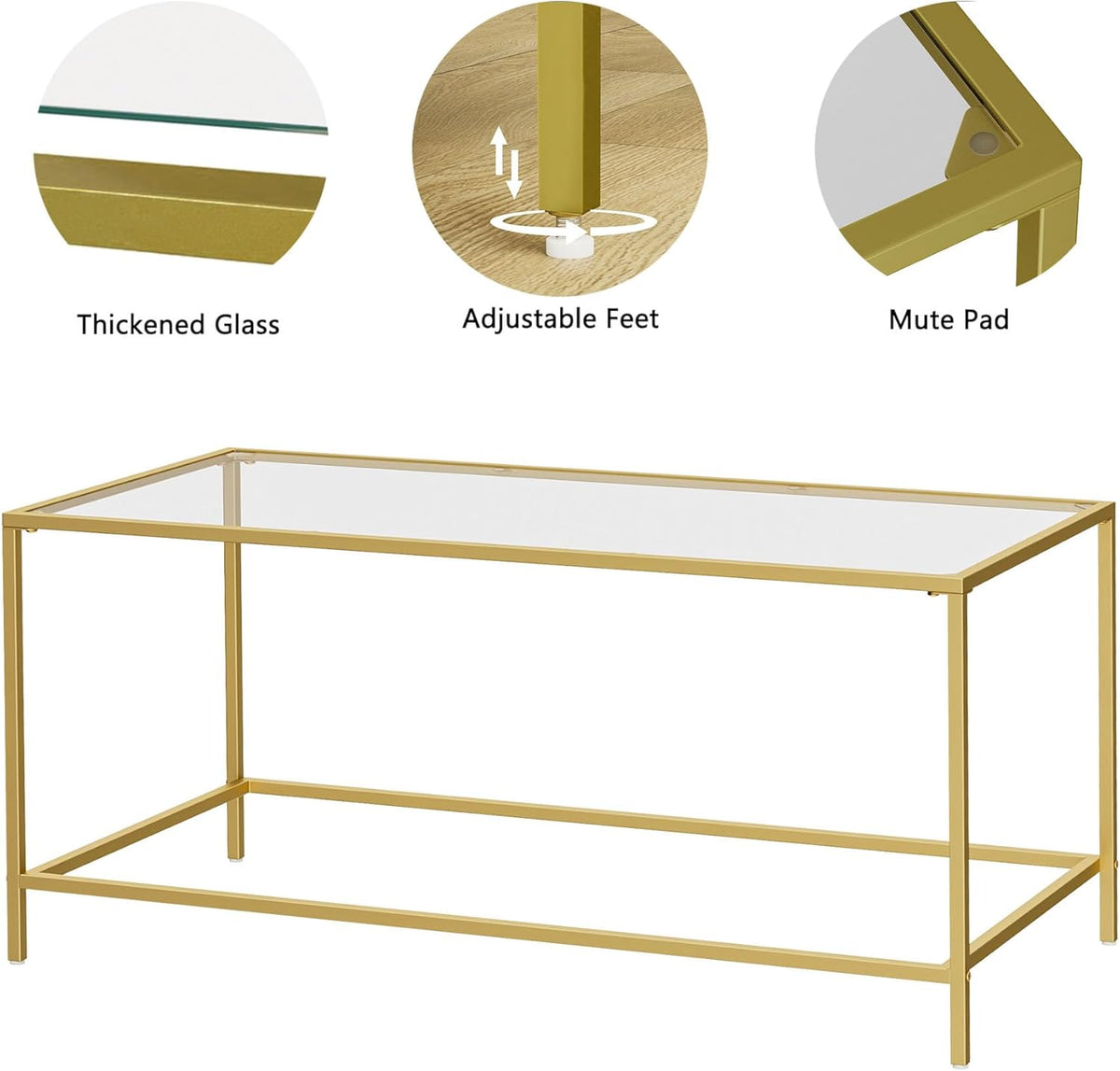3-Piece Living Room Table Set, Glass Coffee Table with 2 Side Tables, Modern Rectangular Center Table & Square End Tables with Storage Shelves, Golden Metal Frame, Easy Assembly