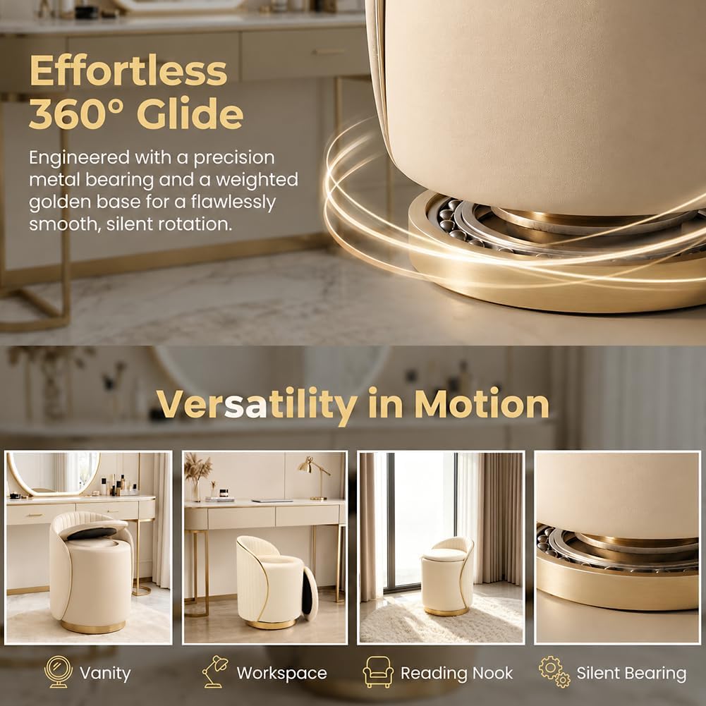 Luxury Vanity Stool with Storage, 360° Swivel Vanity Chair with Back, 400lbs Round Ottoman Leather Makeup Vanity Stool, Dressing Table Seat for Bedroom Bathroom Dressing Room (Beige- B)