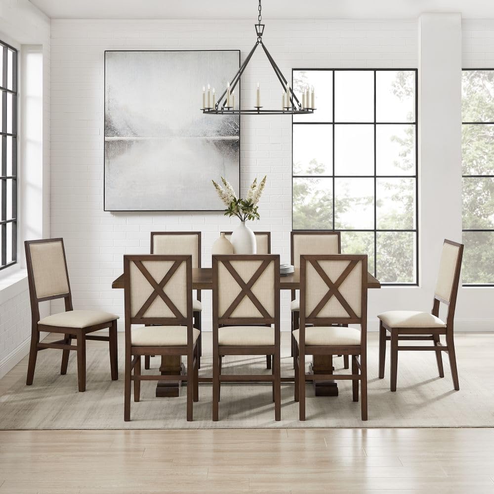 Crosley Furniture Joanna 9-Piece Modern Farmhouse Dining Table Set for 8 with Upholstered Chairs, Dark Oak/Creme