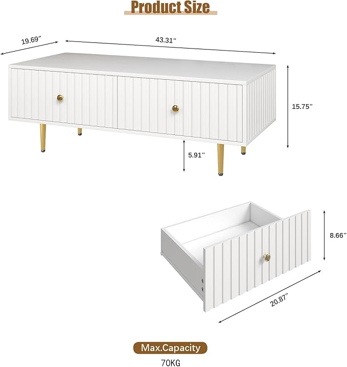 Modern Coffee Table with Storage with 2 Big Drawers, White Rectangle Coffee Table for Living Room, Wooden Fluted Table Accent Tea Table for Living Room Apartment Small Space