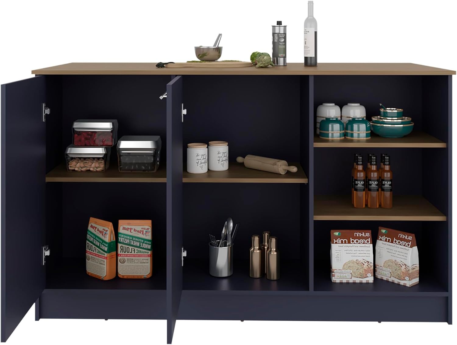 Kitchen Island with 2 Doors and 7 Shelves Alby Blue/Natural Oak | Combines Alby Blue and Natural Oak finishes for modern warm aesthetic