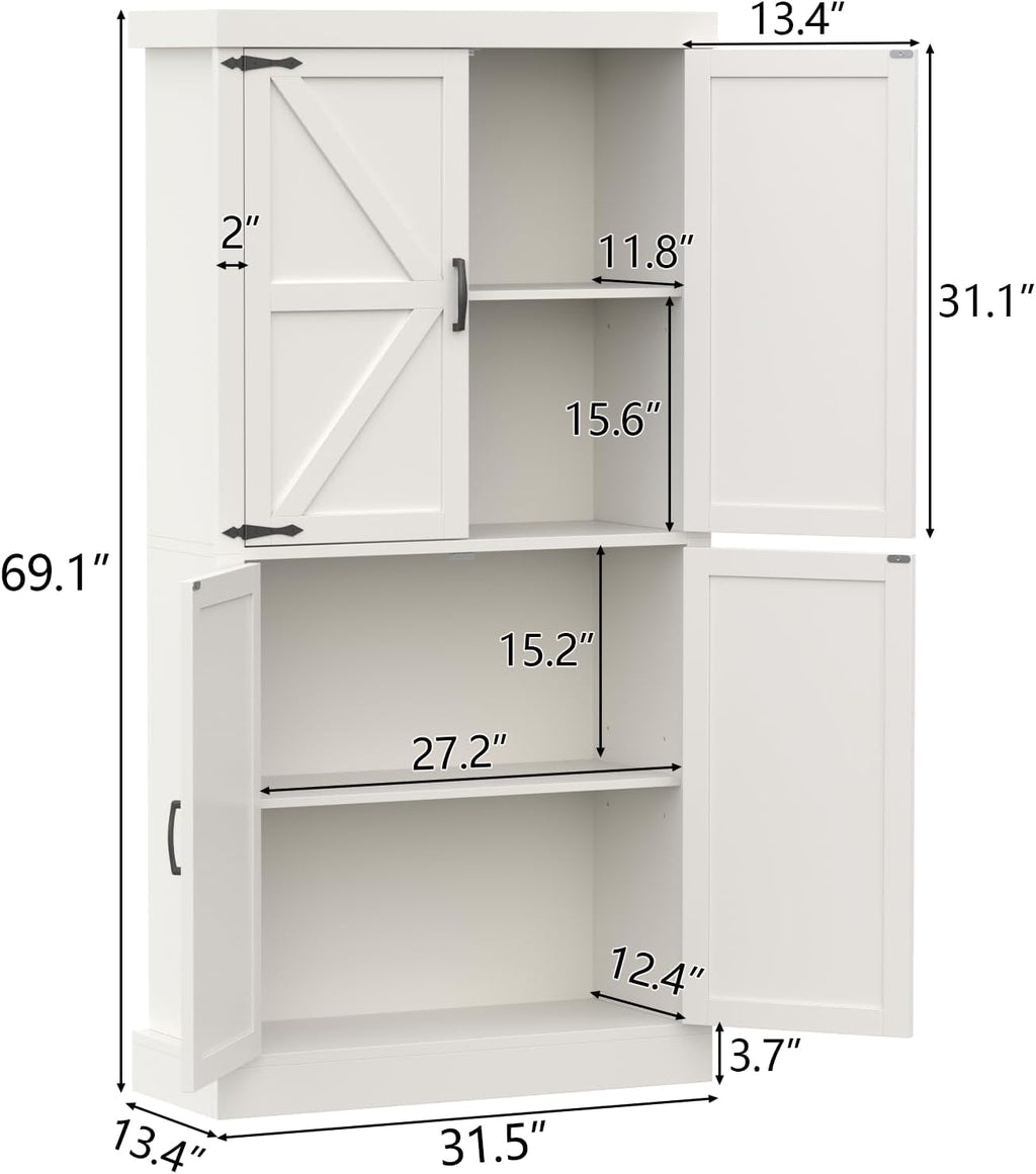 Gyfimoie 70" Tall Kitchen Pantry, Farmhouse Storage Cabinet with Barn Doors,Kitchen Hutch Pantry Cabinet with Adjustable Shelves,Organizer,Rustic Wood Cupboard for Dining Room, Bathroom (White)