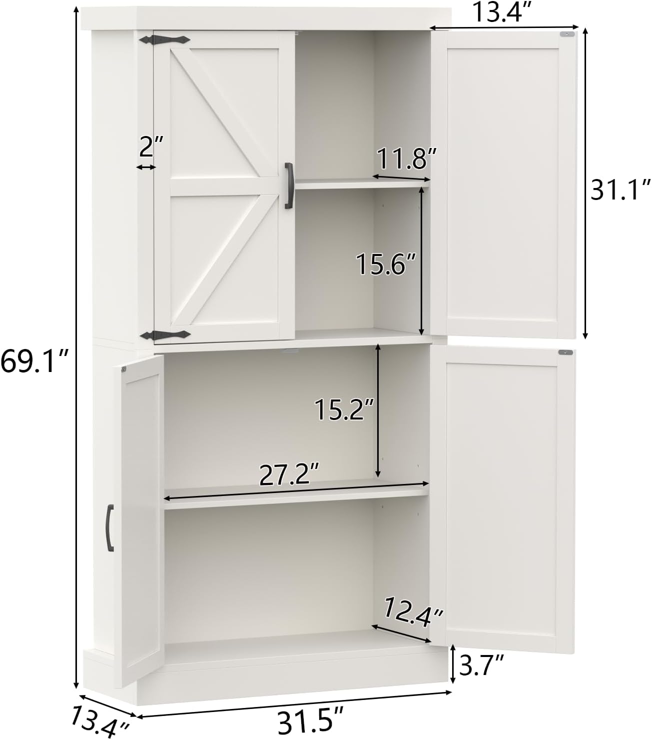 Gyfimoie 70" Tall Kitchen Pantry, Farmhouse Storage Cabinet with Barn Doors,Kitchen Hutch Pantry Cabinet with Adjustable Shelves,Organizer,Rustic Wood Cupboard for Dining Room, Bathroom (White)