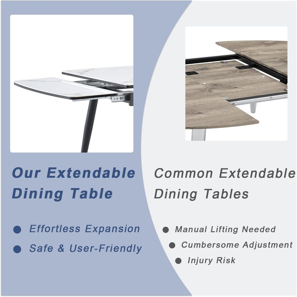 Extendable Dining Table Set for 8, 55"–79" Rectangular Dining Table with White Sintered Stone Top and 8 PU Leather Chairs, Modern Kitchen & Dining Room Table for Family Gatherings, Built to Last