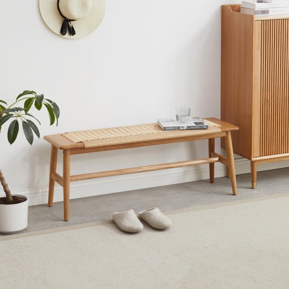 Wood Dining Bench with Hand Woven Rattan Seat, Farmhouse Entryway Bench for Bedroom, Kitchen, Living Room (Oak+Wood)