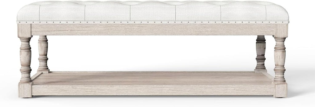 Ottoman Coffee Table, Large Rectangle Ottoman with Storage - Upholstered Cushioned Bench for Living Room, Tufted Linen Fabric with Solid Wood Shelf, Entryway Bench (Beige)
