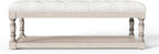 Ottoman Coffee Table, Large Rectangle Ottoman with Storage - Upholstered Cushioned Bench for Living Room, Tufted Linen Fabric with Solid Wood Shelf, Entryway Bench (Beige)