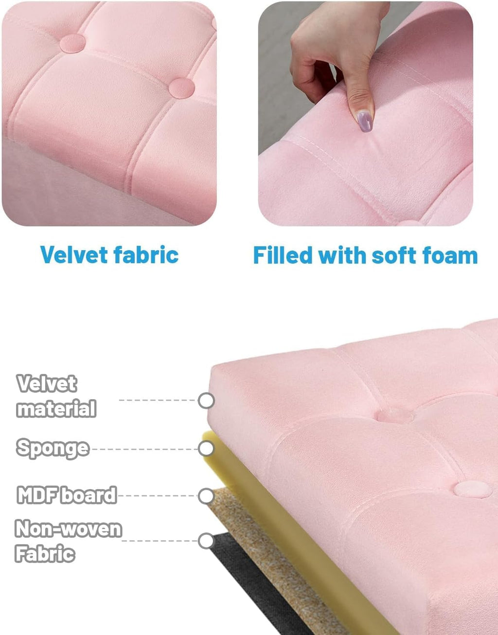 AmasSmile 2PC Storage Ottoman Foot Rest Stool, 17 inch Velvet Footstool Bench, Short Ottomans Stool, Small Folding Storage Ottoman Store Books, Records, Pink